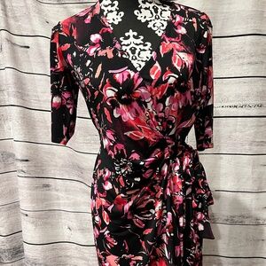 Donna Morgan Wrap Dress Black 3/4 Slv Pink Floral Date Wedding Valentine's Day